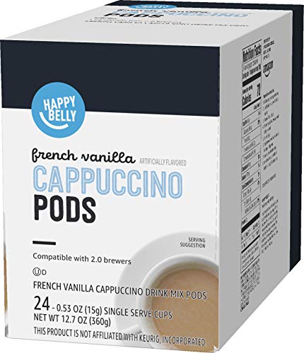 Amazon Brand - Happy Belly Cappuccino Coffee Pods Light Roast Compatible with 2.0 K-Cup Brewers, French Vanilla Flavored, 24 Count, 1.5 pound (Pack of 1)