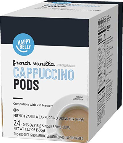 Amazon Brand - Happy Belly Cappuccino Coffee Pods Light Roast Compatible with 2.0 K-Cup Brewers, French Vanilla Flavored, 24 Count, 1.5 pound (Pack of 1)