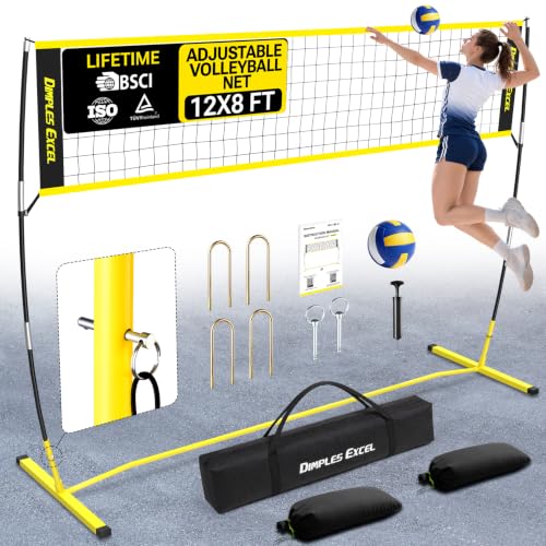 Dimples Excel 12x8 FT Volleyball Net for Backyard, 4 Adjustable Heights Set