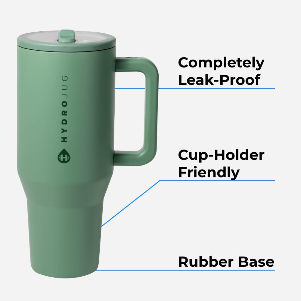 HydroJug Traveler - 40 oz Water Bottle with Handle & Flip Straw - Fits in Cup Holder, Leak Resistant Tumbler-Reusable Insulated Stainless Steel & Rubber Base - Gifts for Women & Men, Kelly Green