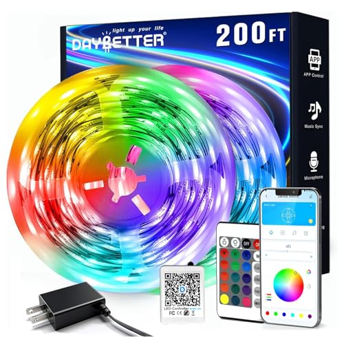 DAYBETTER LED Strip Lights 200 ft (2 Rolls of 100 ft), Smart App Control Lighting Bedroom Rome Decor with Remote, RGB Color Changing LED Lights for Party