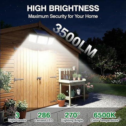 Solar Outdoor Lights Motion Sensor, 3500LM 286 LED Security Flood Lights with Visual Battery & Mode Display, 3 Lighting Modes, IP65 Waterproof 3-Head Wide Angle for Garage, Yard, Patio (2 Pack)