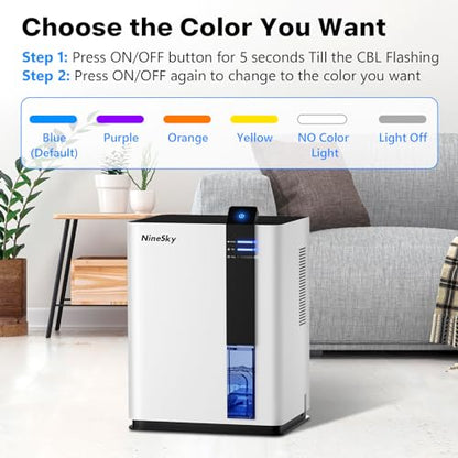 NineSky Dehumidifier, 98 OZ Dehumidifier for Home, (800 sq. ft.) Dehumidifiers for Bathroom, Bedroom with Auto Shut Off, 5 Colors LED Light(H2 White)