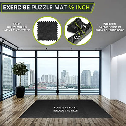 ProsourceFit Puzzle Exercise Mat ½ in, EVA Interlocking Foam Floor Tiles for Home Gym, Mat for Home Workout Equipment, Floor Padding for Kids, Black, 24 in x 24 in x ½ in, 48 Sq Ft - 12 Tiles