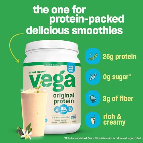 Vega Original Protein Powder, Creamy Vanilla Plant Based Protein Drink Mix for Water, Milk and Smoothies, 32.5 oz