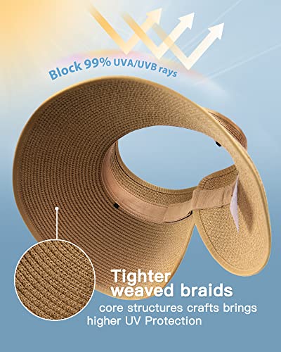 FURTALK Sun Visor Hats for Women Wide Brim Straw Roll-Up Ponytail Summer Beach Hat UV UPF Packable Foldable Travel Khaki