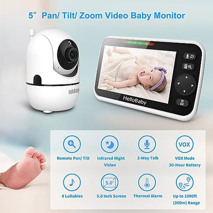 HelloBaby Upgrade Baby Monitor, 5''Sreen with 30-Hour Battery, Pan-Tilt-Zoom Video Baby Monitor with Camera and Audio, Night Vision, VOX, 2-Way Talk, 8 Lullabies and 1000ft Range No WiFi