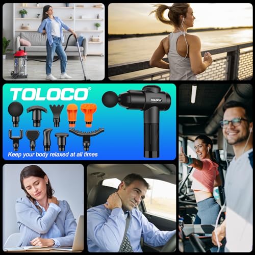 TOLOCO Massage Gun, Deep Tissue Back Massage for Athletes for Pain Relief, Percussion Massager with 10 Massages Heads & Silent Brushless Motor, Black