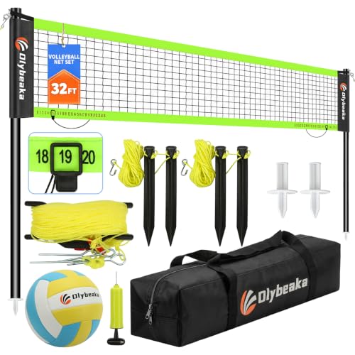 Portable Outdoor Volleyball Net Set 20FT / 32FT, 4 Adjustable Heights | Complete Volleyball System with PE Net, PU Volleyball, Pump, Poles and Carry Bag for Backyard, Beach, Park and Family Games.