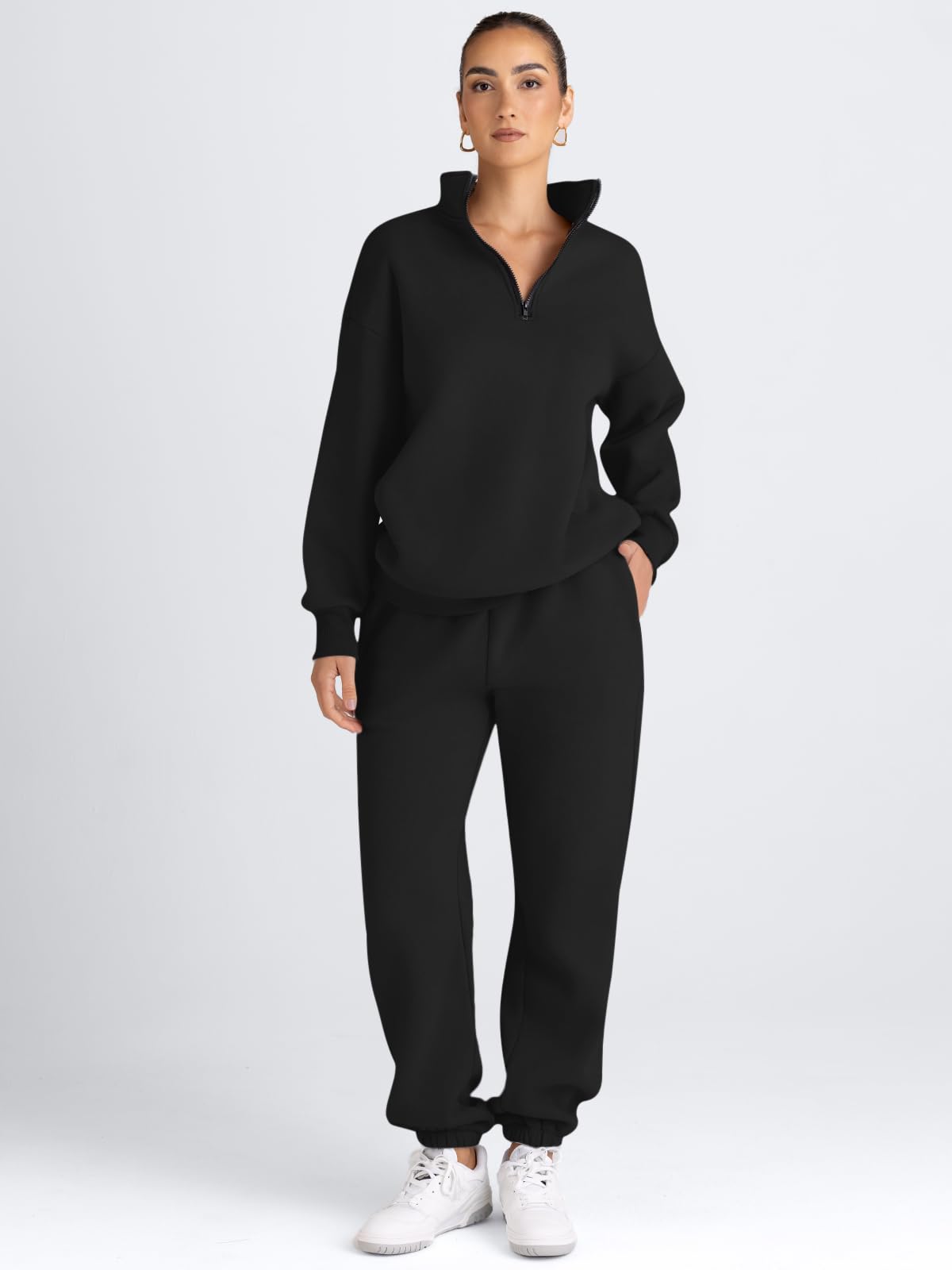 AUTOMET Women's Sweatsuits 2 Piece Outfits Lounge Sets Long Sleeve Half Zip Pullover and Baggy Sweatpants with Pockets Black XL