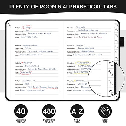 Taja Password Keeper Book with Alphabetical Tabs，Small Password Books for Seniors, Password Notebook for Internet Website Address Log in Detail, Password Logbook to Help You Stay Organized - Black