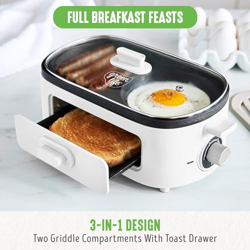 GreenLife 3-in-1 Breakfast Maker Station, Healthy Ceramic Nonstick Dual Griddles for Eggs Meat Sausage Bacon Pancakes and Breakfast Sandwiches, 2 Slice Toast Drawer, Easy-to-use Timer, White