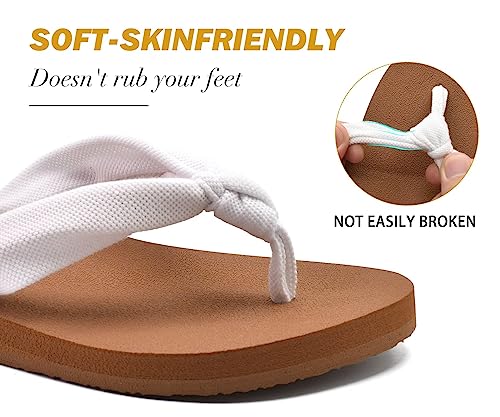 KuaiLu Flip Flops for Women with Arch Support Yoga Mat Comfortable Summer Beach Walking Thong Cushion Sandals Slip On Indoor Outdoor White Khaki Size 8