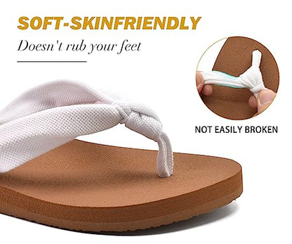 KuaiLu Flip Flops for Women with Arch Support Yoga Mat Comfortable Summer Beach Walking Thong Cushion Sandals Slip On Indoor Outdoor White Khaki Size 8