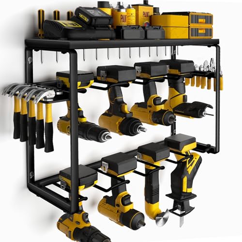 Spampur Power Tool Organizer, 8 Drill Holders Wall Mount, 3 Layer Heavy Duty Metal Storage for Garage Organization, Tools Storage with Hooks, Screwdriver Hammer Holder, Father's Day Mens Birthday Gift