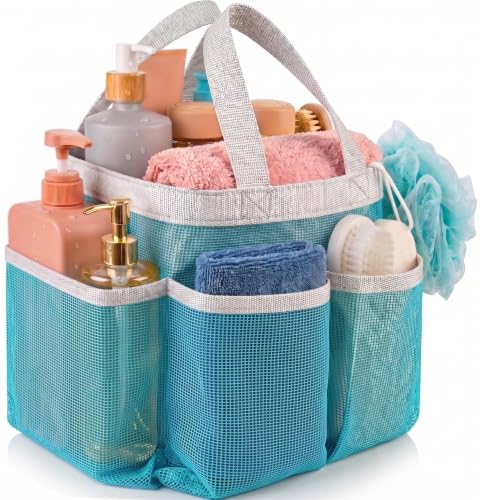 Handy Laundry Mesh Shower Caddy - 7 Pocket Portable Bathroom Organizer Tote for Travel, Gym & Dorm - Collapsible Small Shower Caddy Bag to Hold Toiletries & Essentials (Blue)