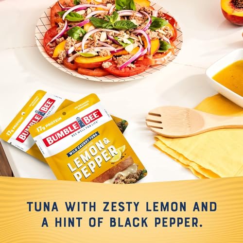 Bumble Bee Lemon & Pepper Seasoned Tuna, 2.5 oz Pouches (Pack of 12) - Ready to Eat - Wild Caught Tuna Pouch - 17g Protein per Serving - Gluten Free