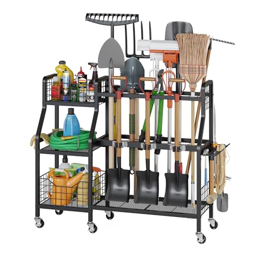 keomaisyto Heavy-Duty Garden Tool Organizer with 6 Wheels and 2 Baskets