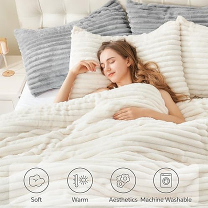 BEDELITE Fleece King Comforter Set, Fluffy Bed Set, Cream White