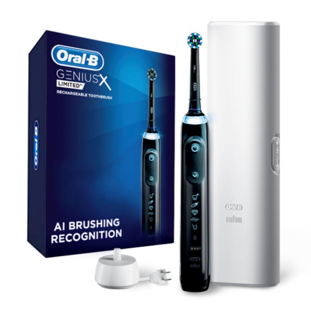 Oral-B Genius X Limited Rechargeable Electric Powered Toothbrush, Black with 1 Brush Head and Travel Case - Pressure Sensor to Protect Gums - 5 Cleaning Settings - 2 Minute Timer - App Tracking