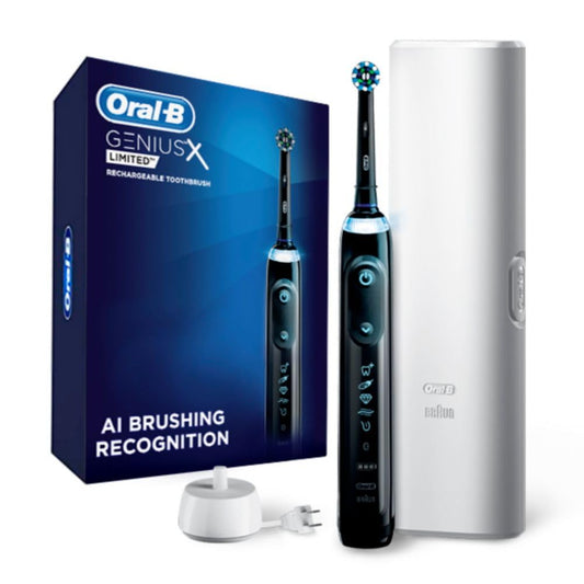 Oral-B Genius X Limited Rechargeable Electric Powered Toothbrush, Black with 1 Brush Head and Travel Case - Pressure Sensor to Protect Gums - 5 Cleaning Settings - 2 Minute Timer - App Tracking