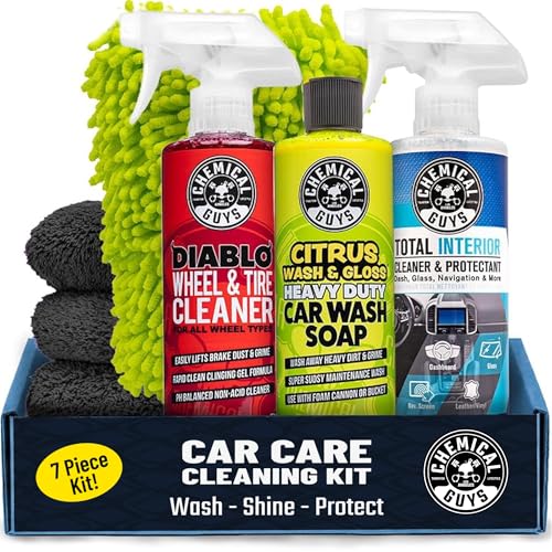 Chemical Guys Car Cleaning Kit - with Car Wash Soap, Wheel Cleaner, Total Interior, Car Wash Mitt - 7 Item Kit