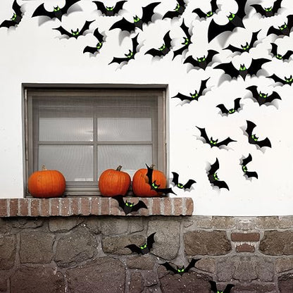 Halloween Decorations Indoor - Bats Halloween Decorations Plastic Spooky Scary 3D Bats for Halloween Party Bathroom Kitchen Home Room Outdoor Wall Glow Eyes Bats Stickers Gothic Decor 56 Pcs