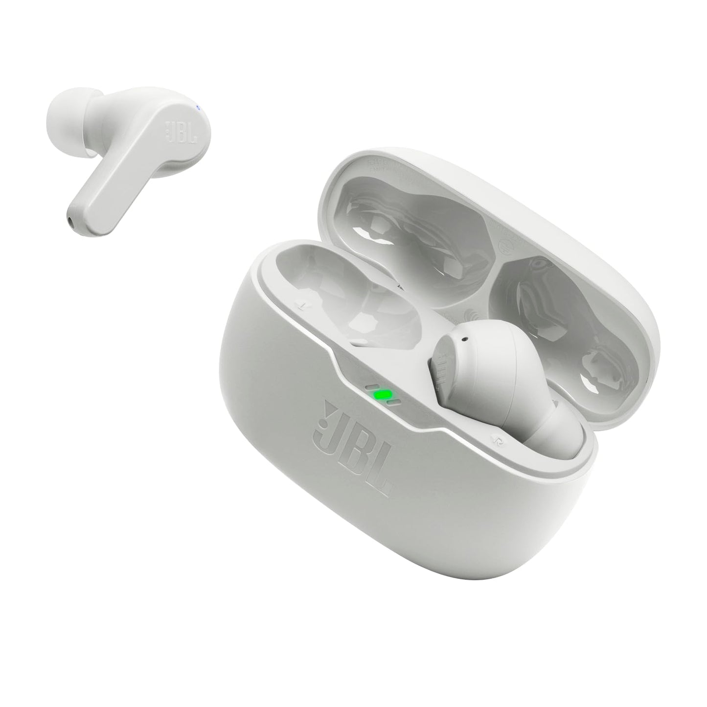 JBL Vibe Beam - True Wireless JBL Deep Bass Sound Earbuds, Bluetooth 5.2, Water & Dust Resistant, Hands-free call with VoiceAware, Up to 32 hours of battery life (White)