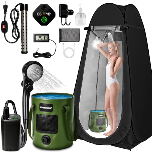 Portable Shower with Heater, Pop Up Camping Shower Privacy Tent Kit, LED Lights, 6000mAh Rechargeable Shower Pump, 6.6 Gal Foldable Bucket, Outdoor Camp Shower Kit for Travel, Pet Bath, Car Wash-Black
