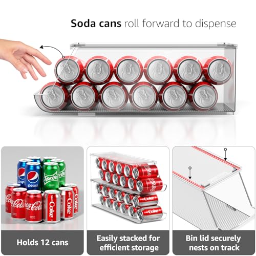 Sorbus Soda Can Organizer for Refrigerator Stackable Can Holder Dispenser with Lid for Fridge, Pantry, Freezer – Holds 12 Cans Each, BPA-Free, Clear Design,[Patent Pending] (2-Pack)