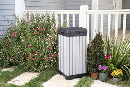 Keter Rockford Resin 38 Gallon Outdoor Kitchen Trash Can with Lid and Drip Tray for Easy Cleaning-Perfect for Patio Dining, Grey