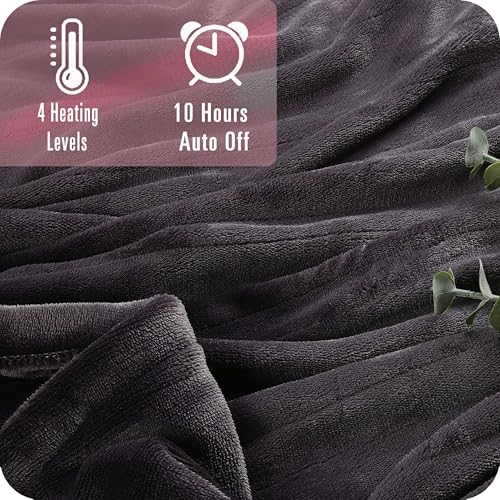 SUNNY HEAT Heated Electric Blanket Full Size 72"x84" - Cozy Warm Flannel Heated Blanket with 4 Heating Levels & 10 Auto Off - Winter Comfort Heating Blanket, Sleep Aid Bedding, Dark Grey