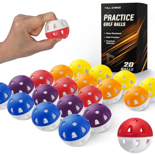 Full Choice Practice Golf Balls (20 Pack), Limited-Flight Training Balls, High Visibility, Wear-Resistant Design for Indoor/Outdoor Drills, 5 Colors