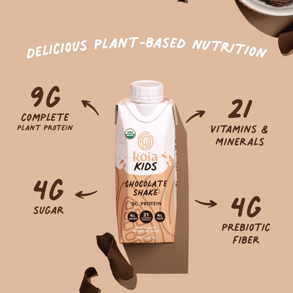 Koia Kids Plant Based Protein Shake, Chocolate, Ready to Drink, 9g Protein, 4g Low Sugar, 4g Fiber, 21 Vitamins & Minerals, Dairy-Free, Allergen-Free, Organic, Non-GMO, 8 Fl Oz (Pack of 12)