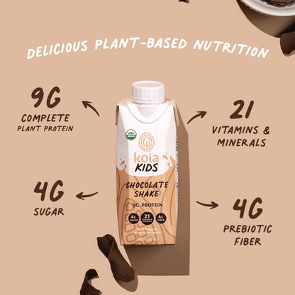 Koia Kids Plant Based Protein Shake, Chocolate, Ready to Drink, 9g Protein, 4g Low Sugar, 4g Fiber, 21 Vitamins & Minerals, Dairy-Free, Allergen-Free, Organic, Non-GMO, 8 Fl Oz (Pack of 12)