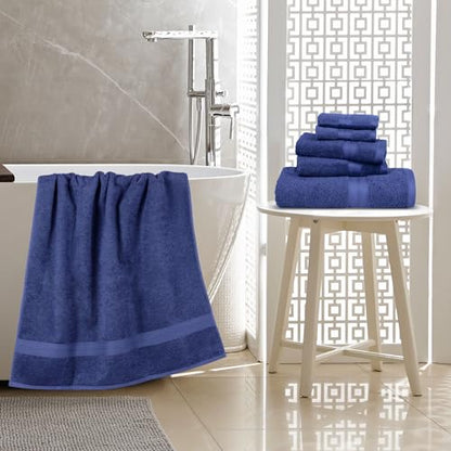 Amazon Basics 6 Piece Oversized Fade resistant Towel set, 100% Cotton towels for bathroom, soft and absorbent, 2 Bath Towels, 2 Hand Towels and 2 Washcloths bathroom towel set, Navy Blue