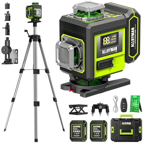 Alloyman Laser Level with Tripod, 4 × 360° Self Leveling Laser Level, Nivel Laser Green Line Lazer Leveler Tool for Picture Hanging, Home Renovation, Indoor Project, 2*Battery&Carrying Bag Included