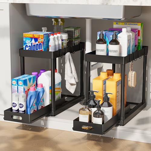 POUGNY 2 Pack Pull-Out Storage Organizers, Under Sink Organizer and Storage for Bathroom & Kitchen, Multi-Purpose Under Cabinet Organizers Black
