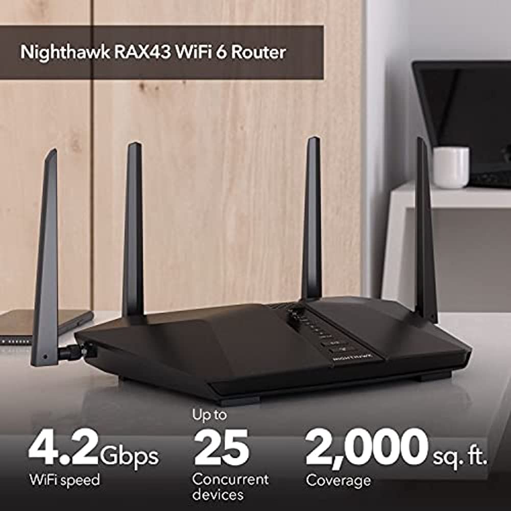 NETGEAR Nighthawk WiFi 6 Router (RAX43) AX4200 4.2Gbps Wireless Speed – Dual-Band Gigabit Internet Router – Covers 2,500 sq. ft., 25 Devices – Built-in VPN, USB 3.0, Gaming