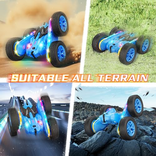 Terucle Remote Control Car, Rc Cars Stunt RC Car Toys New Upgraded Strip Lights and Headlights Car Toys Double-Sided 360° Rotating 4WD Rc Drift Truck for Boys Girls Birthday Gift (Blue)