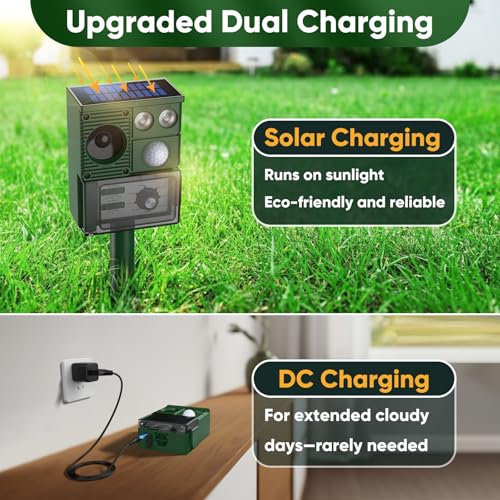 Solar Ultrasound Animal Repellent Outdoor, Deer Repellent Devices Skunk Repellent with Motion Detector & Flashing Light, Waterproof Raccoon Repeller, Cat Squirrel Rabbit Rat Repeller for Yard (Green)