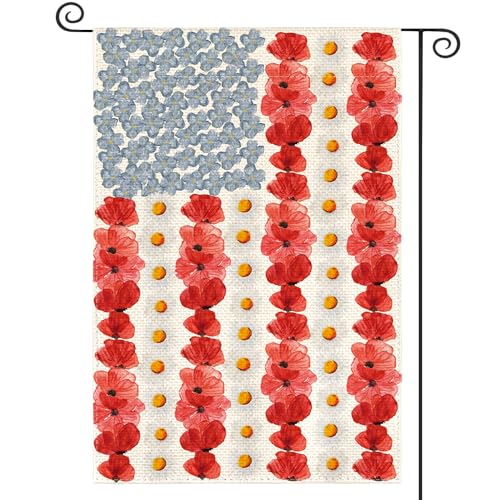 AVOIN colorlife Myosotis Poppy Memorial Day Garden Flag 12x18 Inch Double Sided Outside, Patriotic American Flag Yard Outdoor Decoration