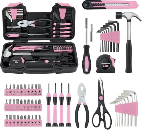 MARTCOLOR Pink Household Tool Set for Women with Storage Case, 58-Piece | All Purpose Hand Tool Kit, General Small Tool Kit, for Home Garage, Office, College Dorm, Daily DIY Repairs, Household Use