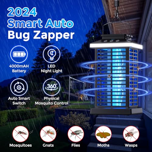 Bug Zapper Outdoor, Mosquito Zapper 2 in 1 Portable & Rechargeable Bug Zapper Outdoor with 4000mAh Battery & LED Night Light, 4000V Electric Fly Zapper for Outside,Patio,Backyard,Garden