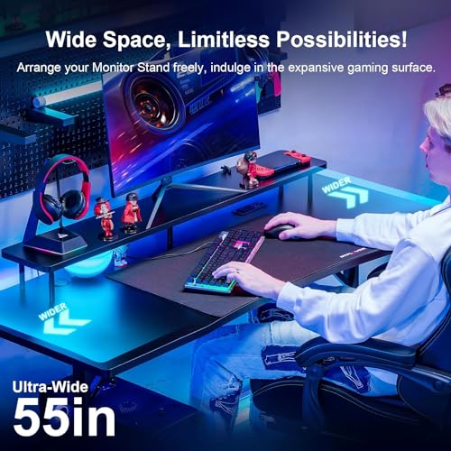 GTRACING 55 Inch Gaming Desk with LED Lights, Computer Gamer Desk with Monitor Stand, Ergonomic Carbon Fiber Surface Gaming Table with Mouse Pad for Home Office, RGB