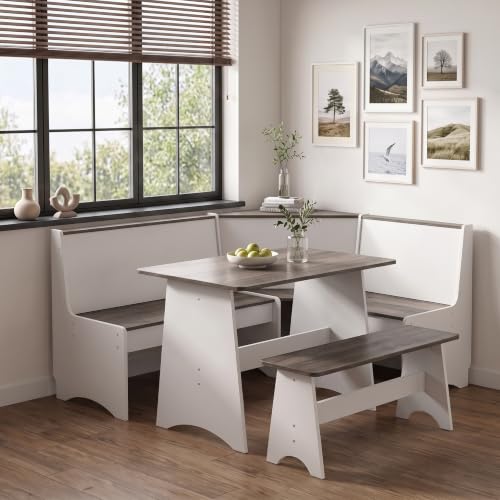 Farmhouse Breakfast Nook Table Set with L-Shaped Corner Bench & Hidden Storage – Space-Saving Dining Set for Small Kitchens, Reversible Bench Seating 3-4, Easy-Clean Waterproof Laminate (White + Gray)