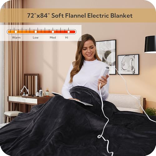 SUNNY HEAT Heated Electric Blanket Full Size 72"x84" - Cozy Warm Flannel Heated Blanket with 4 Heating Levels & 10 Auto Off - Winter Comfort Heating Blanket, Sleep Aid Bedding, Dark Grey