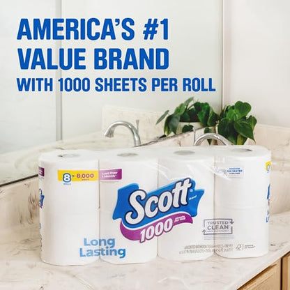 Scott 1000 Trusted Clean Toilet Paper, 32 Rolls, Septic-Safe, 1-Ply Toilet Tissue