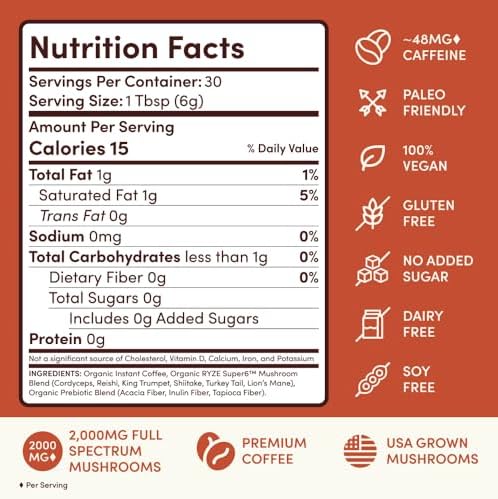 RYZE SUPERFOODS Mushroom Medium Roast Coffee USDA Organic with 6 Adaptogenic Mushrooms, USA Grown Instant Coffee for Better Energy, Focus Digestion Immunity with Lions Mane & Turkey Tail 30 Servings