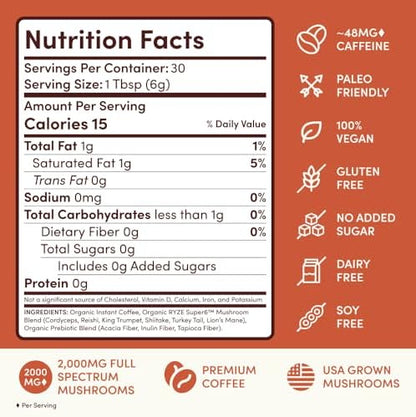 RYZE SUPERFOODS Mushroom Medium Roast Coffee USDA Organic with 6 Adaptogenic Mushrooms, USA Grown Instant Coffee for Better Energy, Focus Digestion Immunity with Lions Mane & Turkey Tail 30 Servings